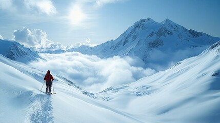 A skier traverses a snowy mountain landscape under a bright sky.