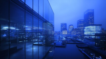 Fototapeta premium Reflections of City Buildings in Glass Windows: Urban Architecture, Financial District Atmosphere, Skyscraper Design, and Evening Cityscape