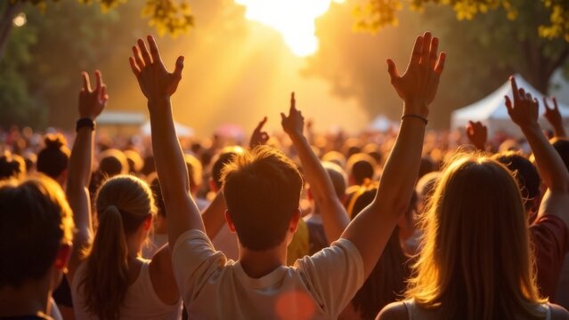 A crowd of people in rays of light.