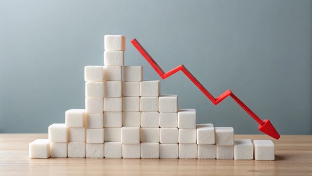 Falling Sugar Prices: Minimalist Sugar Cube Stack with Downward Arrow - Stock Photo