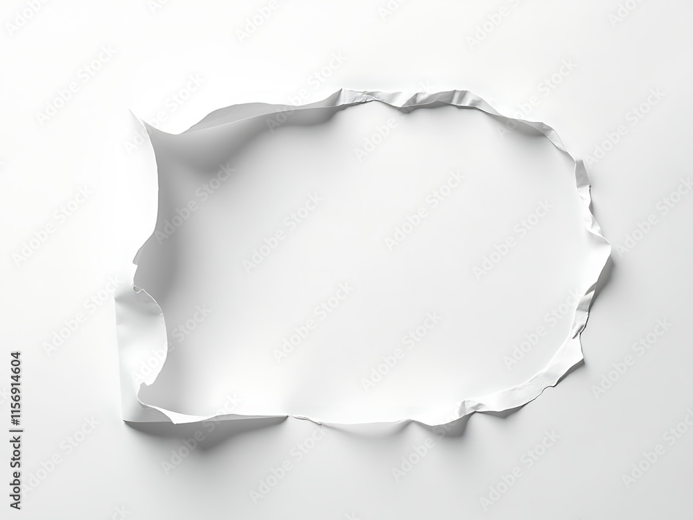 Poster white paper with a hole, ragged edges, on a contrasting white background creating an unusual visual 
