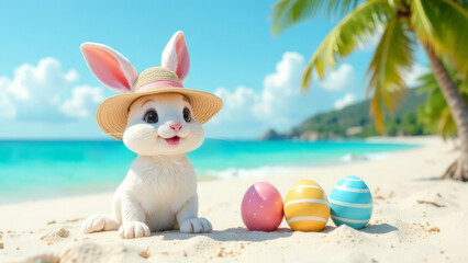 Easter bunny on the ocean shore under palm trees.