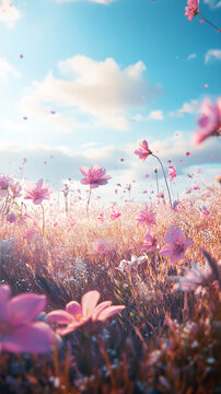 Fototapeta Colorful flowers meadow in a spring day 