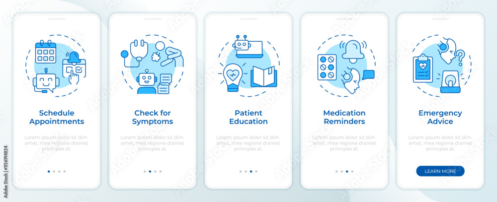 Poster healthcare chatbot use cases blue onboarding mobile app screen. walkthrough 5 steps editable graphic