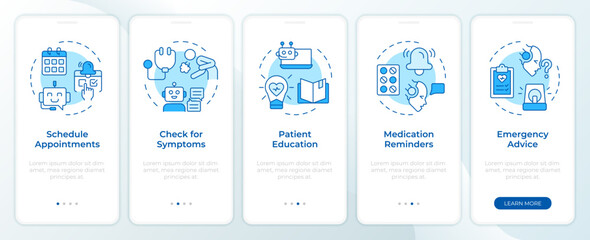 Healthcare chatbot use cases blue onboarding mobile app screen. Walkthrough 5 steps editable graphic instructions with linear concepts. UI, UX, GUI template. Montserrat SemiBold, Regular fonts used