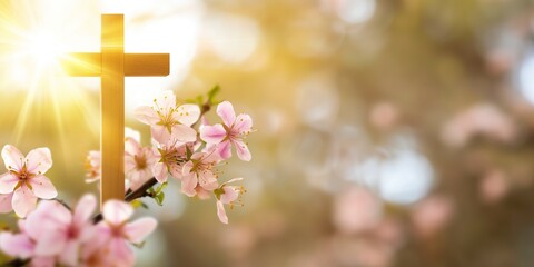 A serene image of a wooden cross surrounded by blooming cherry blossoms, illuminated by soft sunlight, symbolizing faith and renewal.Easter, religious faith, spiritual renewal, divine blessing, spring
