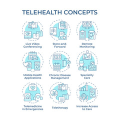 Telehealth soft blue concept icons. Providing remote service of patient care. Icon pack. Telemedicine work. Vector images. Round shape illustrations for promotional material. Abstract idea
