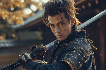 Intense young asian male samurai in traditional armor holding katana sword outdoors