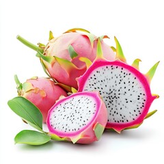 Whole and Half Dragon Fruit, Isolated on White Background, Fresh and Vibrant Fruit for Healthy Eating and Nutrition