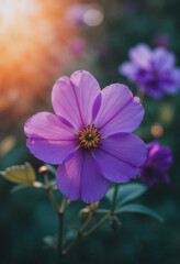 A purple flower with a yellow center is in the foreground of a green background. The flower is surrounded by other purple flowers, creating a sense of harmony and beauty