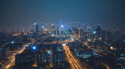 Fototapeta premium Smart digital Innovation city with connection network reciprocity over the cityscape. of future smart wireless digital city and social media networking systems that connects people with in city