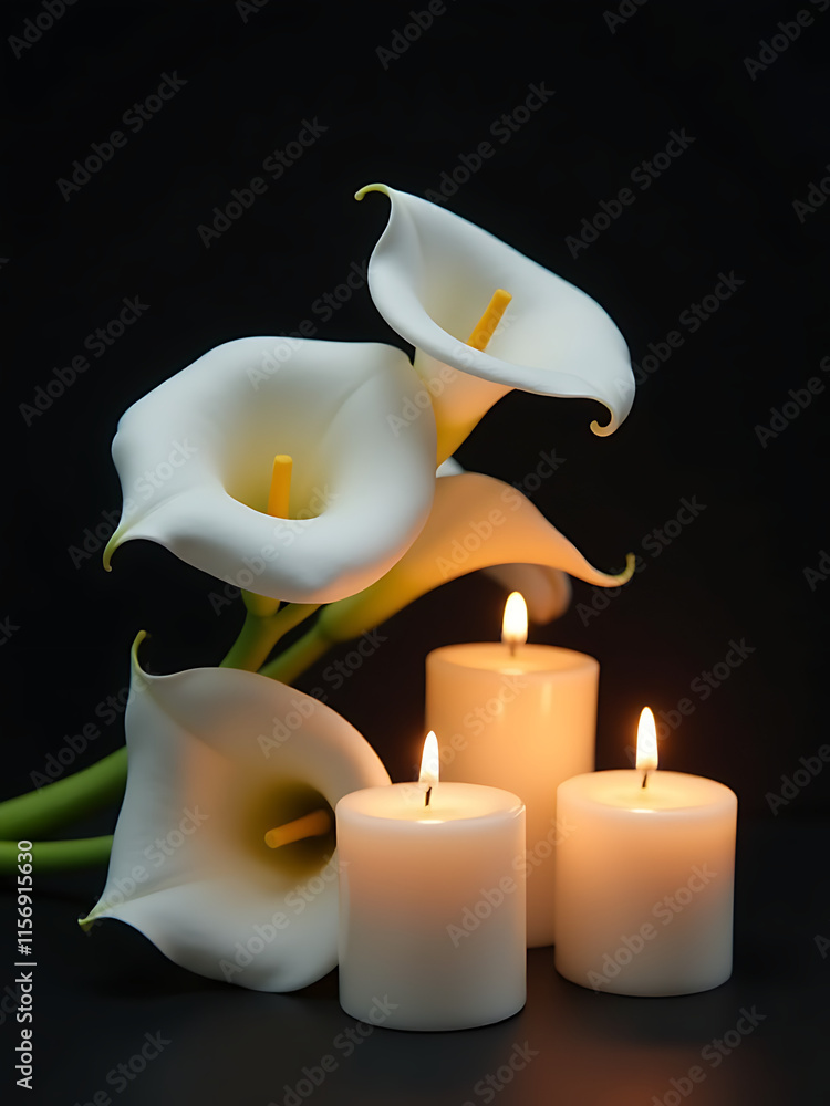 Poster white calla lilies and three candles placed against a dark background create a somber yet elegant sy
