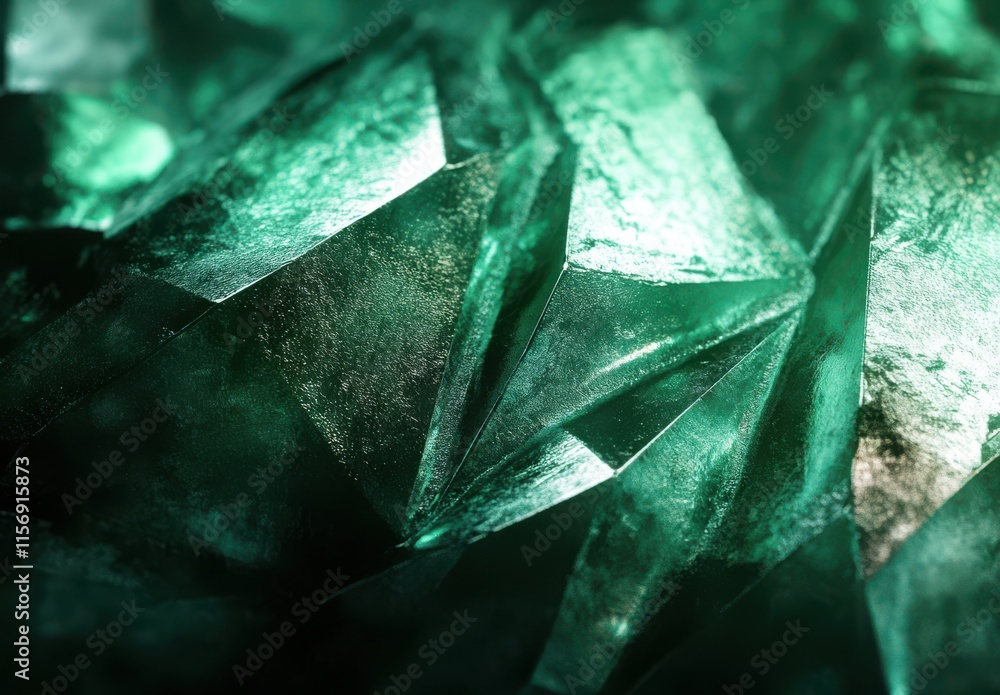 Poster close-up view of deep green crystals with glimmering facets reflecting light in an abstract pattern,