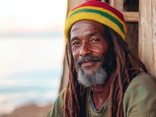 Portrait of a Dreadlocked Rasta Man Smiling by the Seaside at Sunset Wearing a Colorful Hat. Rastafari
