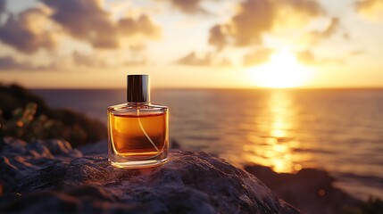 Golden Hour Perfume Photo: Close-up of Amber Fragrance on Coastal Rock at Sunset. AI Generated