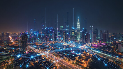 Fototapeta premium Smart digital Innovation city with connection network reciprocity over the cityscape. of future smart wireless digital city and social media networking systems that connects people with in city