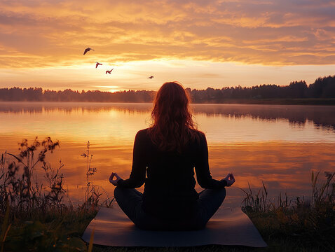 Woman Practicing Yoga at Sunrise by Tranquil Lake Surrounded by Nature and Birds, Promoting Mindfulness and Serenity - Powered by Adobe