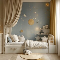 Kid's room: bright, single bed, stars on wall