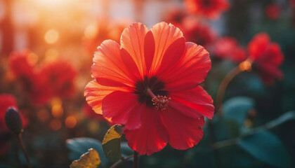 A red flower with a yellow center is in full bloom. The flower is surrounded by green leaves and is the center of attention in the image