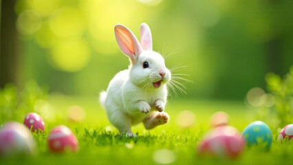Happy white Easter bunny dancing in the garden with colored eggs.