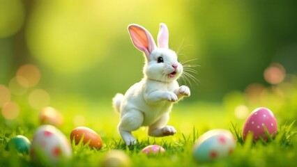 Happy white Easter bunny dancing in the garden with colored eggs.