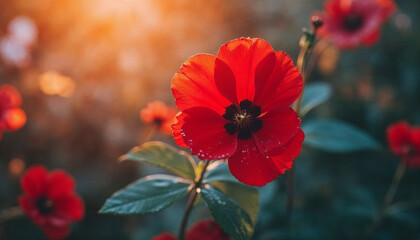 A red flower with a black center is surrounded by green leaves. The flower is the main focus of the...