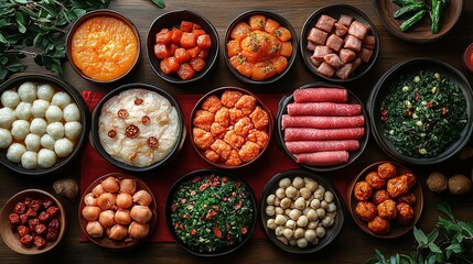 A vibrant spread of various dishes showcasing a festive meal.