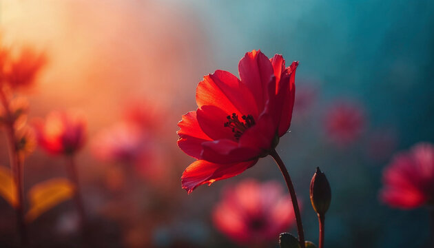 A red flower is the main focus of the image, surrounded by other red flowers. Scene is peaceful and serene, as the flowers are in full bloom and the sun is shining brightly