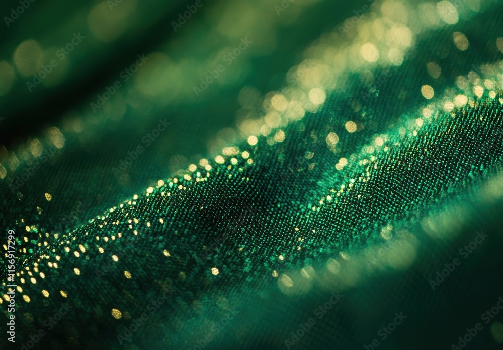 Aufkleber close-up view of shimmering green fabric with fine texture and glittering particles, capturing the e