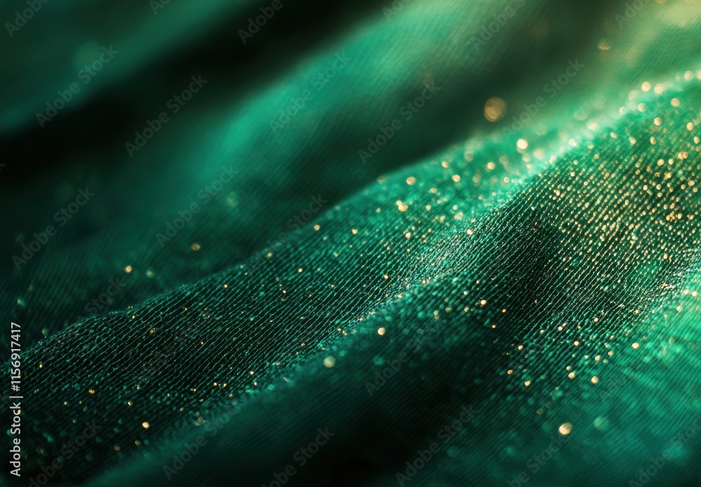 Poster close-up view of sparkling green fabric with soft drapes and shimmering textures ideal for backgroun