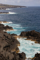 Amazing Atlantic ocean waves and rocks at Pico island Azores Portugal