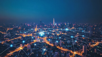 Smart digital Innovation city with connection network reciprocity over the cityscape. of future smart wireless digital city and social media networking systems that connects people with in city