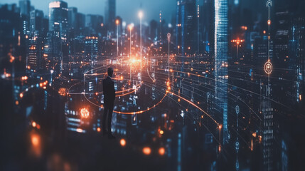 Obraz premium Smart digital Innovation city with connection network reciprocity over the cityscape. of future smart wireless digital city and social media networking systems that connects people with in city