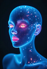 A woman's face is shown in a blue and purple color scheme with a starry background. The image has a futuristic and otherworldly feel to it, with the woman's face being the main focus