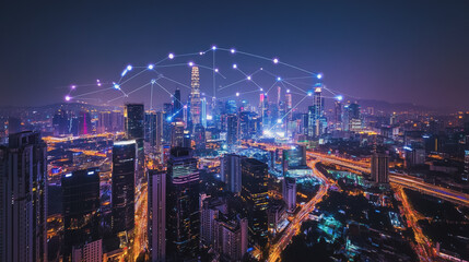 Fototapeta premium Smart digital Innovation city with connection network reciprocity over the cityscape. of future smart wireless digital city and social media networking systems that connects people with in city