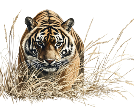 Tiger in the zoo bushes on transparent background