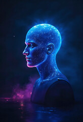 A man's head is covered in blue paint and is surrounded by a blue and purple background. The painting is abstract and surreal, with a sense of otherworldly beauty