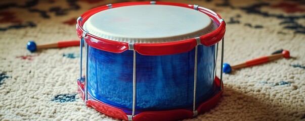 Colorful plastic toy drum with vibrant red and blue colors on a soft rug