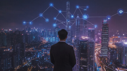 Smart digital Innovation city with connection network reciprocity over the cityscape. of future smart wireless digital city and social media networking systems that connects people with in city