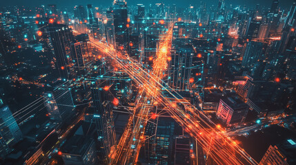 Fototapeta premium Smart digital Innovation city with connection network reciprocity over the cityscape. of future smart wireless digital city and social media networking systems that connects people with in city