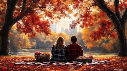 Couple enjoys autumn picnic in park.