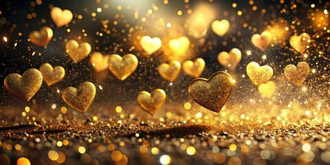 Sparkling gold hearts and confetti dance in low light, a romantic Valentine's Day glow.