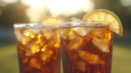 Two iced lemon drinks in tall glasses, outdoors in sunlight.