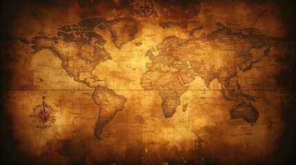 Antique world map, aged parchment, compass.