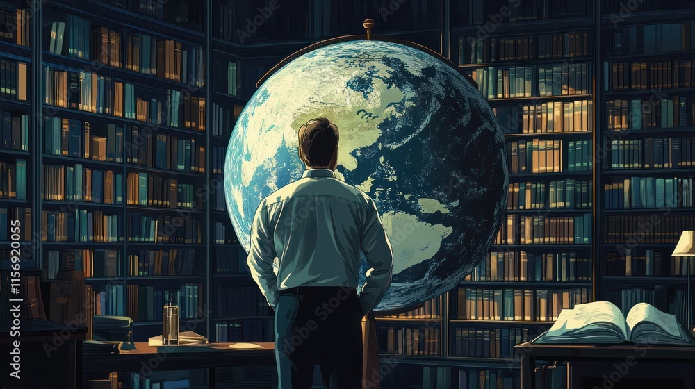 Poster man contemplating a large globe in a library.