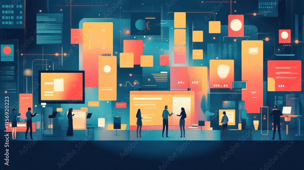 Poster people exploring digital interface, data visualization, network.
