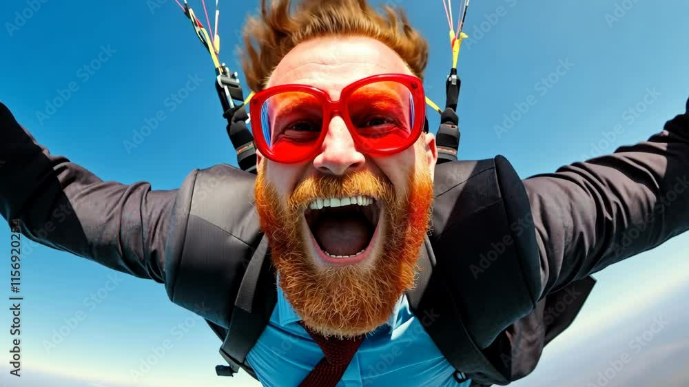Poster man with a beard and red glasses is flying through the air with an umbrella. he is smiling and he is