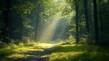Obraz premium Sunlit Forest Path: A Serene Nature Escape