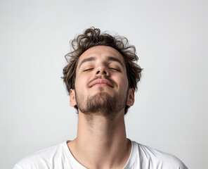 Fototapeta premium Man doing breathing exercises with closed eyes, relax. Calm face of boy enjoying fresh air, meditation with breathing, healthy yoga. Deep breath through nose for brain. Isolated on grey background