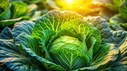 Fototapeta premium Fresh Organic Cabbage Head Growing in Garden - Healthy Vegetable Farm Produce